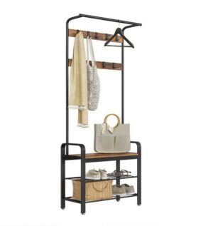 Garderobestativ med knagerækker og bøjlestang - rustik brun - Entremøbler og garderobe > Knagerækker og garderobe - Daily-Living - Nicehome.dk