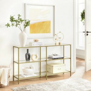 Konsolbord - sidebord med hærdet glas og gyldent stel 130x30x73