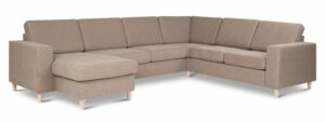 Pan set 6 U 2C3D sofa med chaiselong - antelope beige polyester stof og natur træ - Nicehome.dk