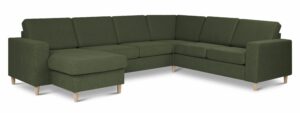 Pan set 6 U 2C3D sofa med chaiselong - vinter mosgrøn polyester stof og natur træ - Nicehome.dk