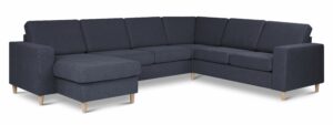 Pan set 6 U 2C3D sofa med chaiselong - blå polyester stof og natur træ - Nicehome.dk