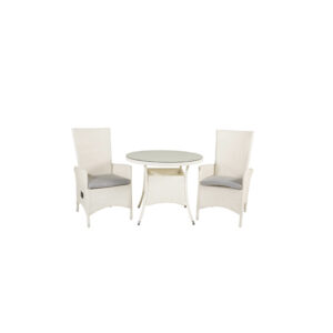 VENTURE DESIGN havesæt m. Volta bord (Ø 90) og 2 Padova stole m. recliner + hynde - hvid rattan/glas - Nicehome.dk