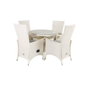 VENTURE DESIGN havesæt m. Volta bord (Ø 90) og 4 Padova stole m. recliner + hynde - hvid rattan/glas - Nicehome.dk