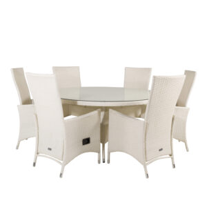 VENTURE DESIGN havesæt m. Volta bord (Ø150) og 6 Padova stole m. recliner + hynde - hvid rattan/glas - Nicehome.dk