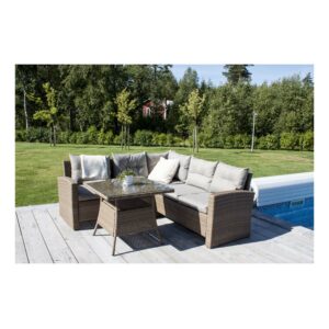 VENTURE DESIGN Watford hjørne havesofa m. natur stofhynder og glasbord - natur aluminium og flet - Nicehome.dk