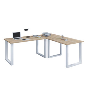 Lona U-feet hjørneskrivebord - natur træ og hvid metal (160x160x50) - Nicehome.dk