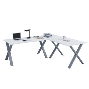 Lona X-feet hjørneskrivebord - hvid træ og sølvgrå metal (160x160x50) - Nicehome.dk