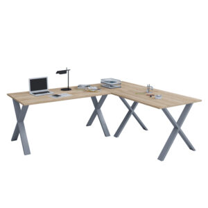 Lona X-feet hjørneskrivebord - natur træ og sølvgrå metal (160x160x50) - Nicehome.dk