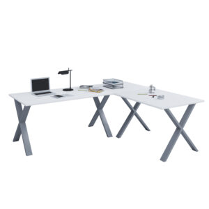 Lona X-feet hjørneskrivebord - hvid træ og sølvgrå metal (190x190x50) - Nicehome.dk
