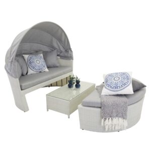 VENTURE DESIGN Padova lovebed/havesæt med havebord og stofhynder - hvid rattan og aluminium - Nicehome.dk