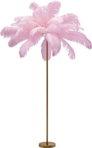 KARE DESIGN Feather Palm gulvlampe - lyserød strudsefjer og messing stål - Nicehome.dk
