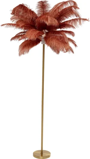 KARE DESIGN Feather Palm gulvlampe - rustrød strudsefjer og messing stål - Nicehome.dk